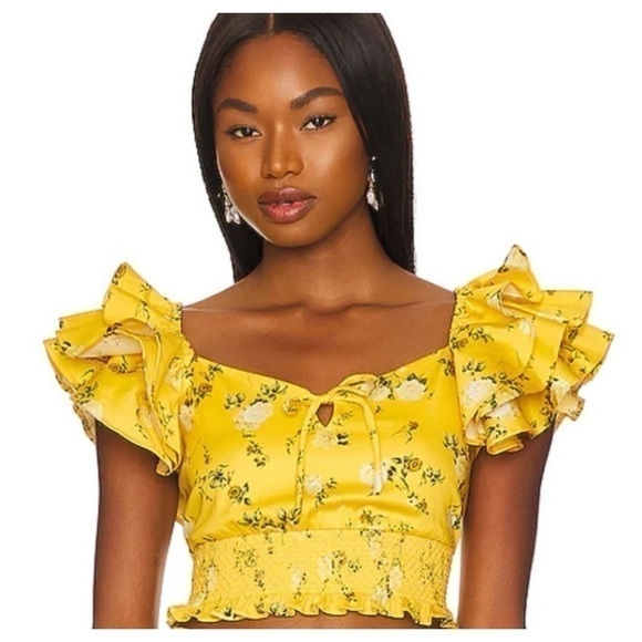 Alice + Olivia Yellow Floral Cropped Ruffle sleeve Top Sz M $350 - Picture 4 of 14